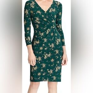 Ralph Lauren Green Floral Surplice Dress V-Neck 3/4 Sleeve Sz 14